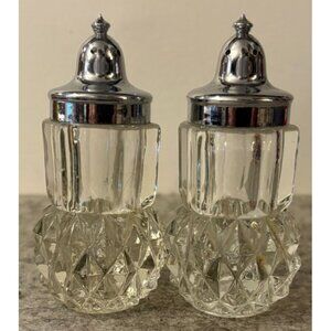 Indiana Glass Diamond Point Salt and Pepper Shakers w/ Chrome Lids  # 3112